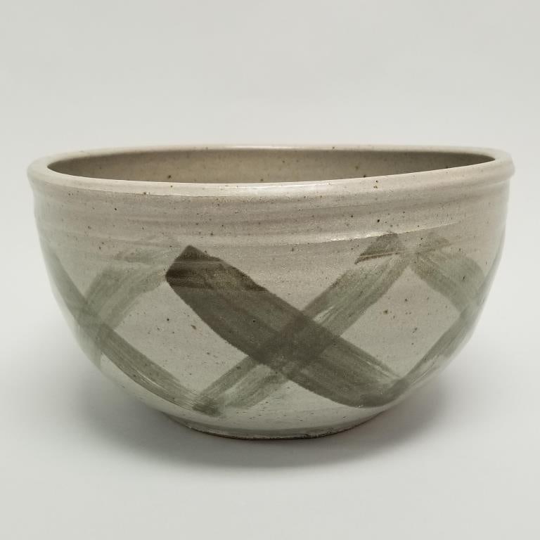 Warren MacKenzie unique stamped large bread bowl with "X" design- 6 3/4"H 12 1/4"D (1 of 9)