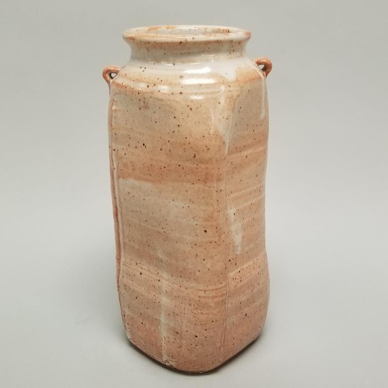 Warren MacKenzie tall shino glaze vase with small handles- not stamped- 12 1/4"H 5"W 5 1/4"D (1 of 11)