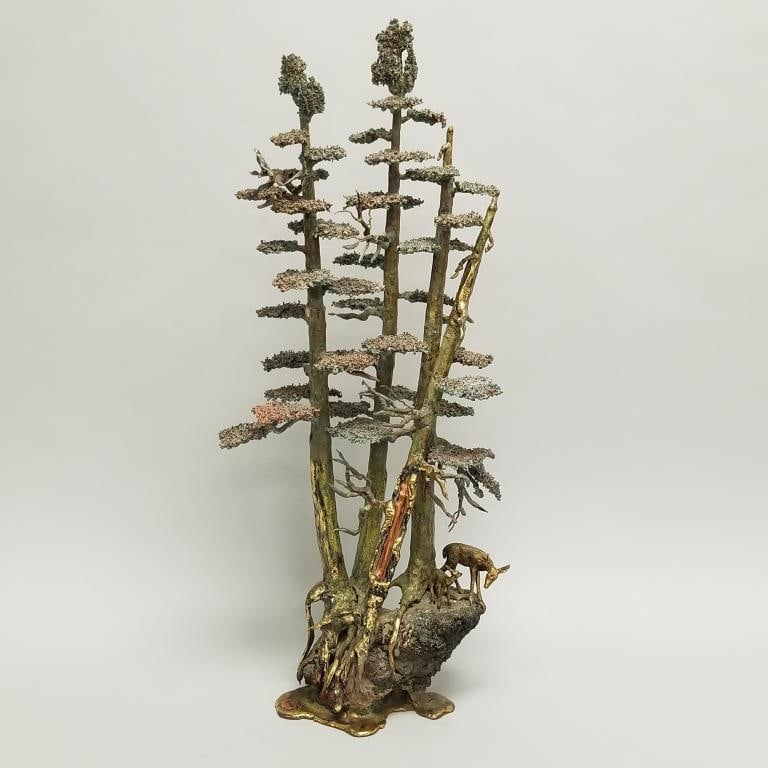 (Martin) Borja- Ecuadorian- signed bronze sculpture- trees with deer- 29 1/2"H 8"W 7"D (1 of 14)