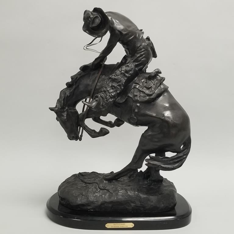 Frederic Remington recast bronze statue on base "Rattlesnake" 23"H 16 1/2"W 10"D, 50 lbs (1 of 19)
