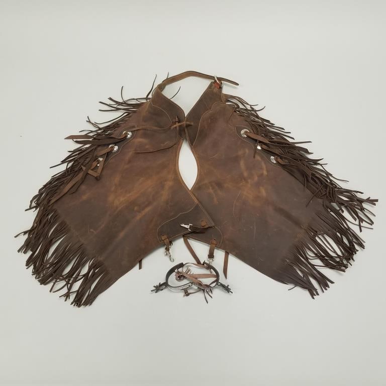 2 pieces cowboy gear: fringe leather chaps & pair of spurs (1 of 17)