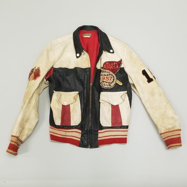 Vintage labeled "Horse Hide" leather jacket with Plum Coulee 1957 ball club patch (as seen- arm pit (1 of 14)
