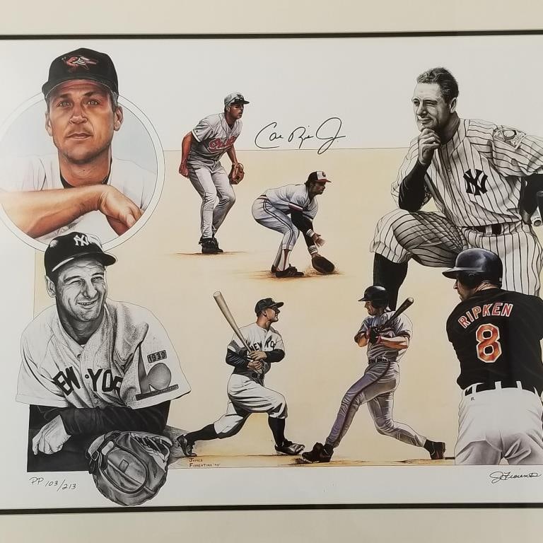 Cal Ripken Jr./ Lou Gehrig framed limited edition lithograph- PP 103/213 with Cal Ripken, Jr: Cal Ripken Jr./ Lou Gehrig framed limited edition lithograph- PP 103/213 with Cal Ripken, Jr autograph- COA- 28 1/8"H 34 1/8"W framed O.D.