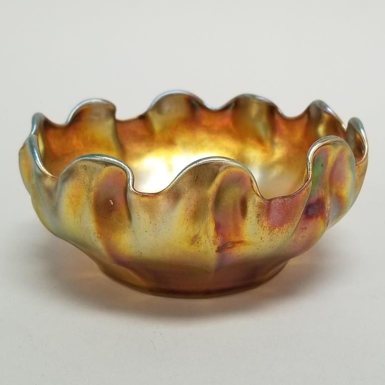 Tiffany glass bowl w/ ruffled rim- signed L.C.T. Favrile- 2 1/4"H 5"D (1 of 8)