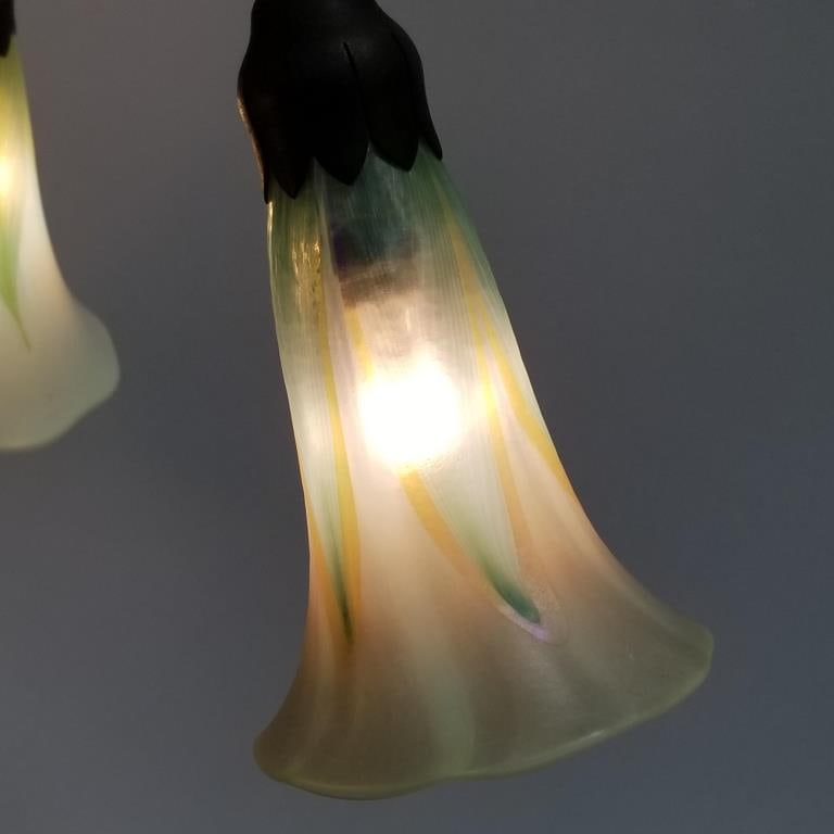 Rare Tiffany 3-light lily lamp w/ pulled feather shades- base marked Tiffany Studios- New York - 11