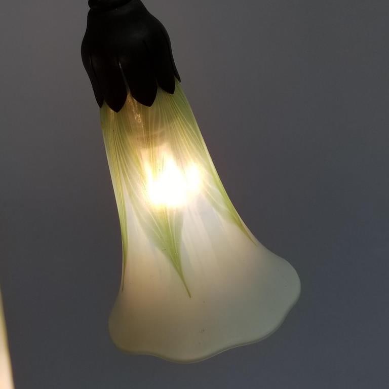 Rare Tiffany 3-light lily lamp w/ pulled feather shades- base marked Tiffany Studios- New York - 12