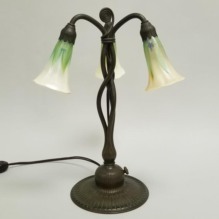 Rare Tiffany 3-light lily lamp w/ pulled feather shades- base marked Tiffany Studios- New York (1 of 20)