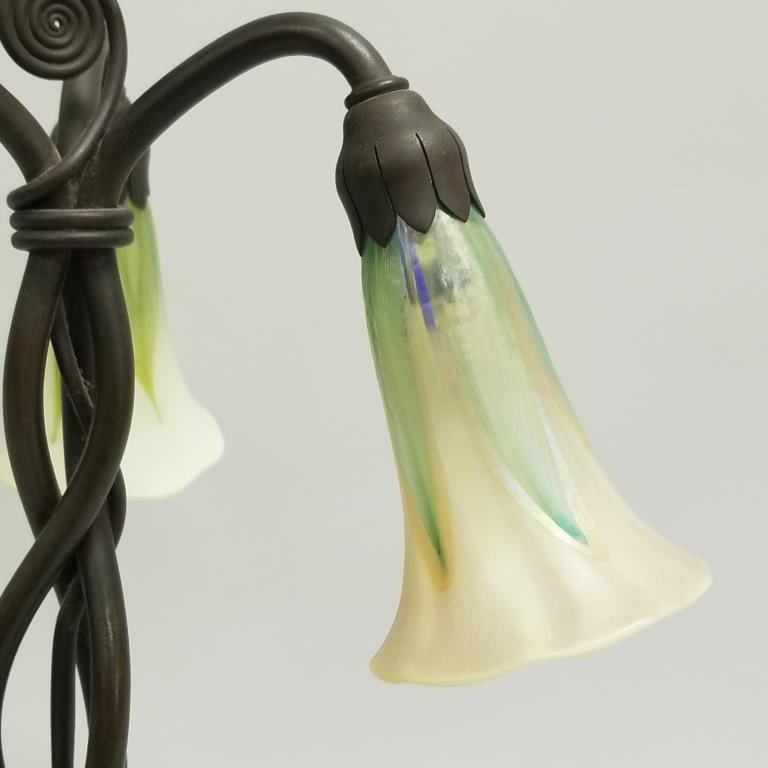 Rare Tiffany 3-light lily lamp w/ pulled feather shades- base marked Tiffany Studios- New York - 5