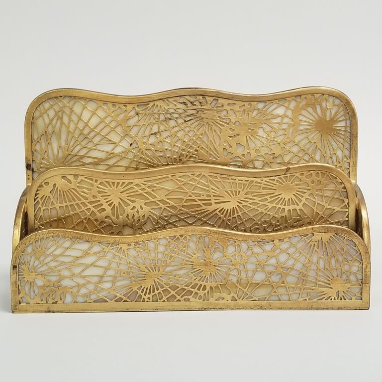 Tiffany Studios New York 1008 pine needle bronze dore & Favrile letter rack- 6 1/8"H 10"W 2 3/8"D (1 of 15)