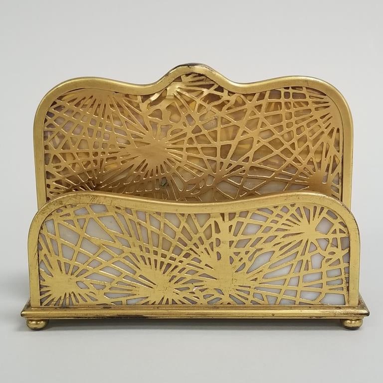 Tiffany Studios New York 1019 pine needle bronze dore & Favrile letter rack- 5"H 6 3/8"W 2 3/4"D (1 of 12)