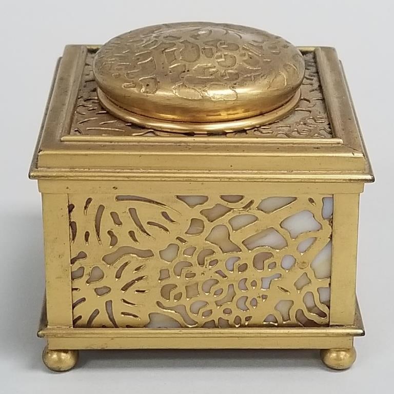 Tiffany Studios New York 845 pine needle bronze dore & Favrile ink well with glass insert- 3"H 3 (1 of 16)