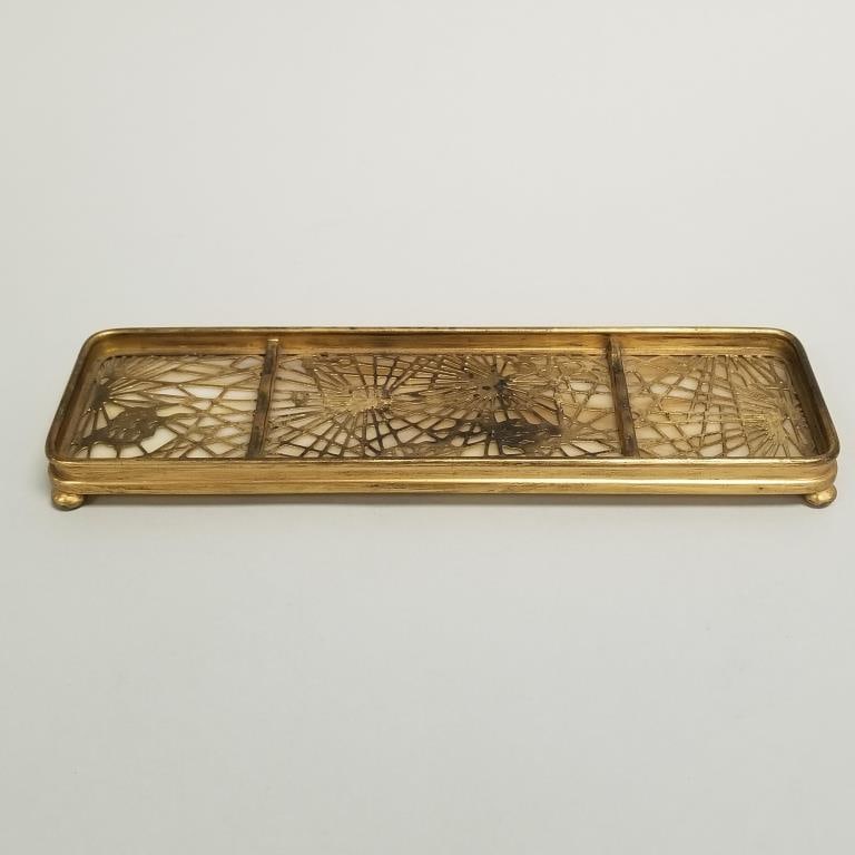 Tiffany Studios New York 1004 pine needle bronze dore & Favrile pen tray- 13/16"H 9 3/4"W 2 7/8"D (1 of 12)