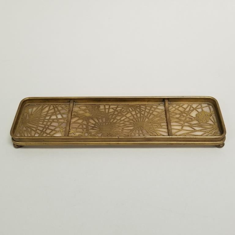 Tiffany Studios New York 1004 pine needle bronze dore & Favrile pen tray (glass cracks) 13/16"H 9 (1 of 12)