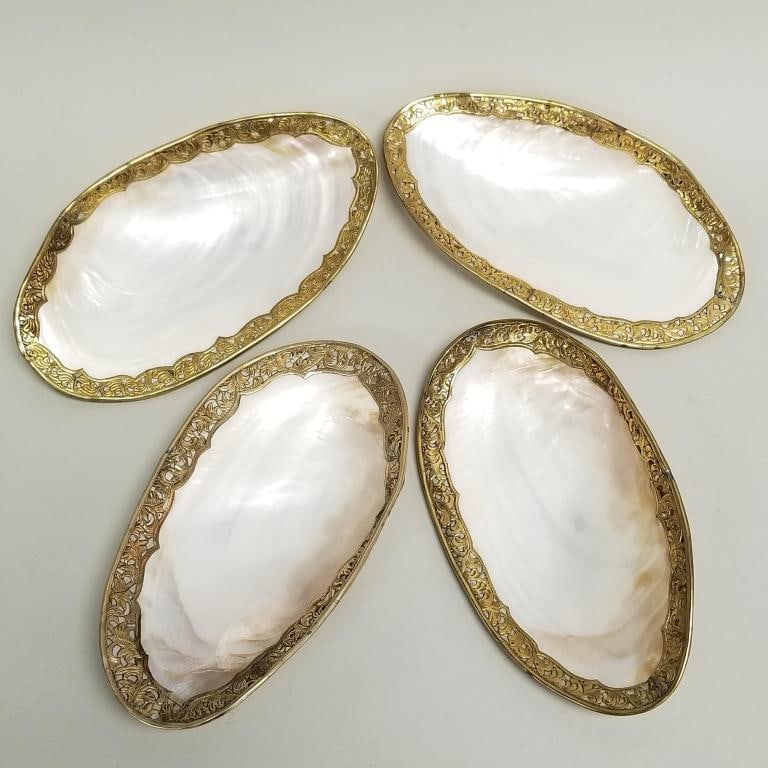 4 Vintage giant mother of pearl seashell dishes/ bowls with brass filigree trim- approx 10" x 5 1/2" (1 of 18)