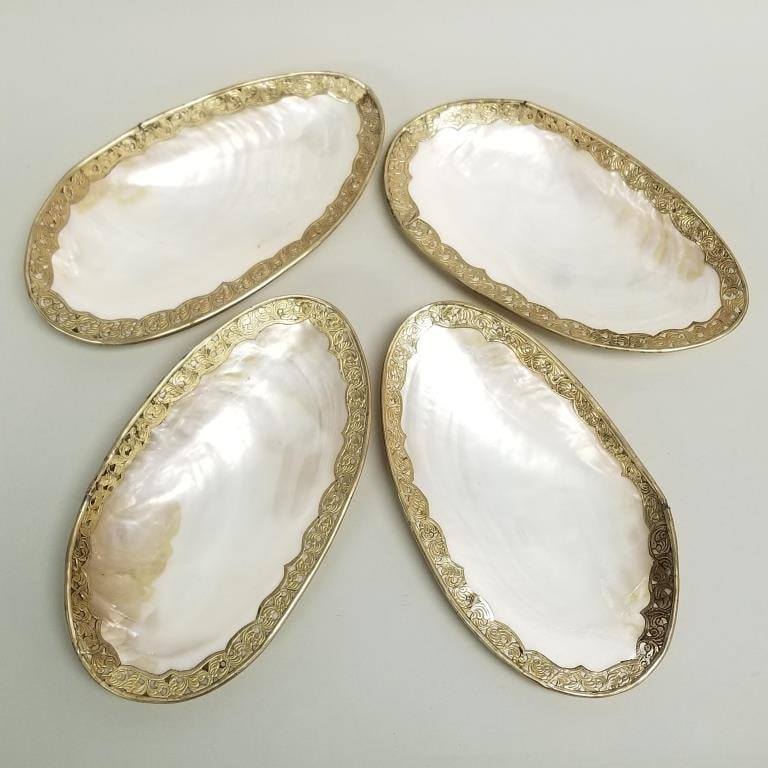 4 Vintage giant mother of pearl seashell dishes/ bowls with brass filigree trim- approx 10" x 5 1/2" (1 of 18)