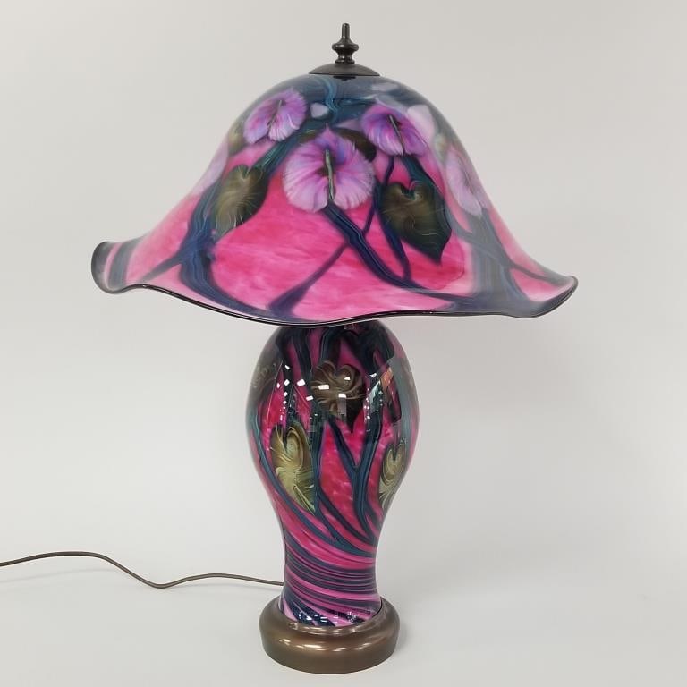Daniel Lotton art glass table lamp with flowers & leaves- 21"H 16'D (1 of 19)