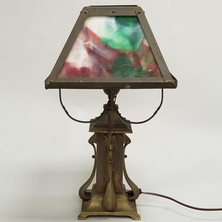 Art Nouveau/ Arts & Crafts brass table lamp with slag glass shade- 18 1/2"H 10"W 10"D: Art Nouveau/ Arts & Crafts brass table lamp with slag glass shade- 18 1/2"H 10"W 10"D