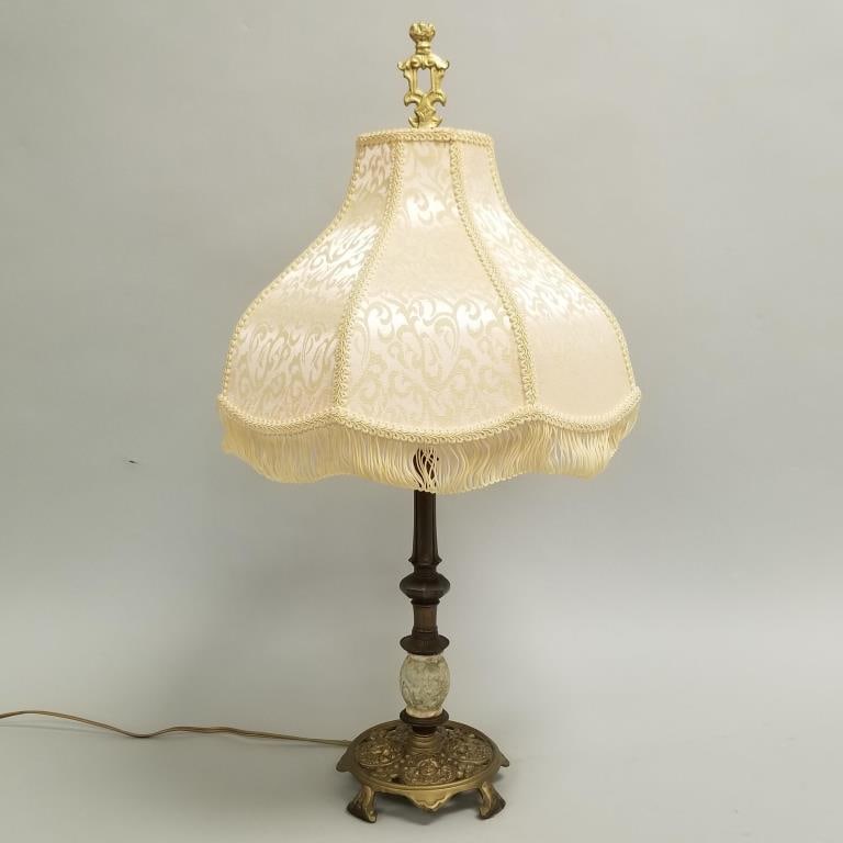 Rembrandt signed table lamp with face design & stone spacer- 28"H 15"D(shade): Rembrandt signed table lamp with face design & stone spacer- 28"H 15"D(shade)