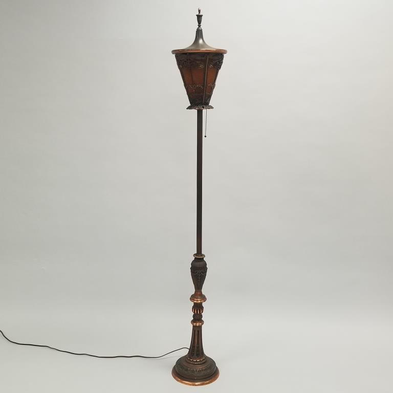 Art Deco brass torchiere floor lamp with stain glass- 69"H 10"D (1 of 13)