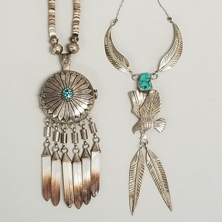 2 signed Southwest silver & turquoise, etc. necklaces- 79.3g total; 21 1/2"L marked LAN sterling (1 of 20)
