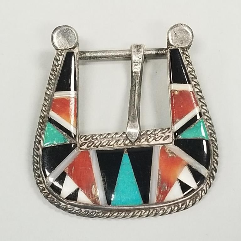Group Southwest silver, etc. items incl stone inlaid belt buckle grouping, sterling trimmed watch (1 of 17)