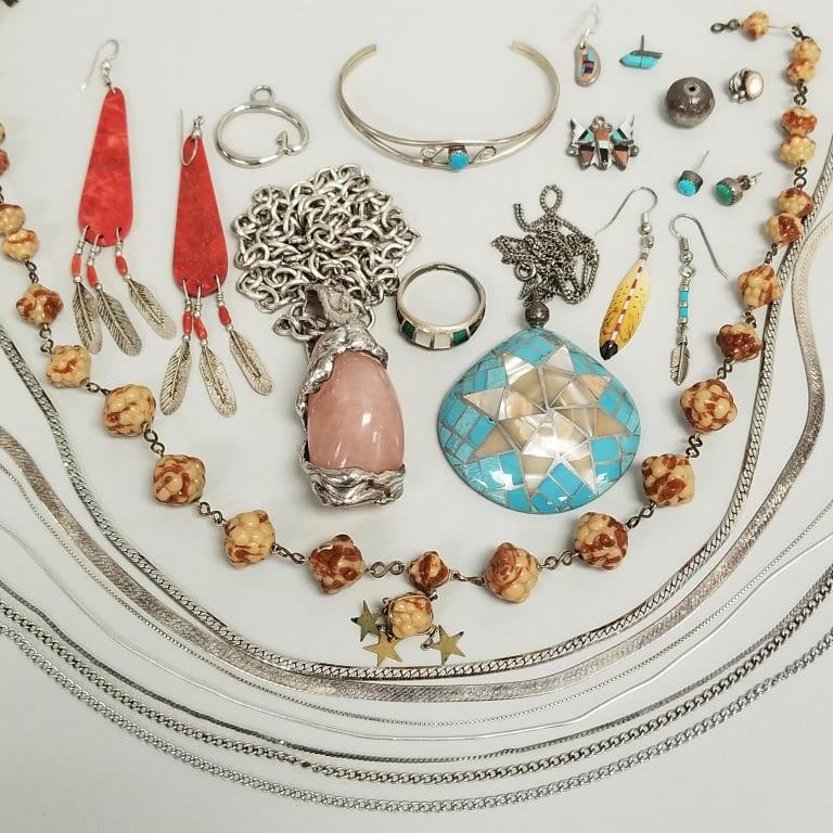 Group assorted jewelry incl Southwest, etc. silver "D.S. handmade Denmark" stone pendant necklace- (1 of 20)