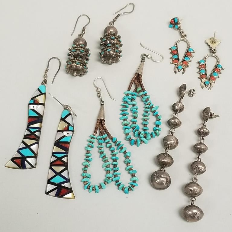 5 pair Southwest silver, etc. dangle earrings- some set with turquoise, etc.- 2 marked sterling- 3 (1 of 13)