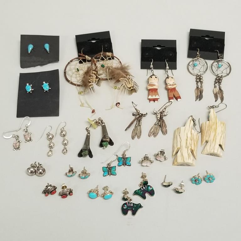 19 pair Southwest silver, etc. earrings- some set with turquoise, some marked sterling, etc.- 3 1/2" (1 of 12)