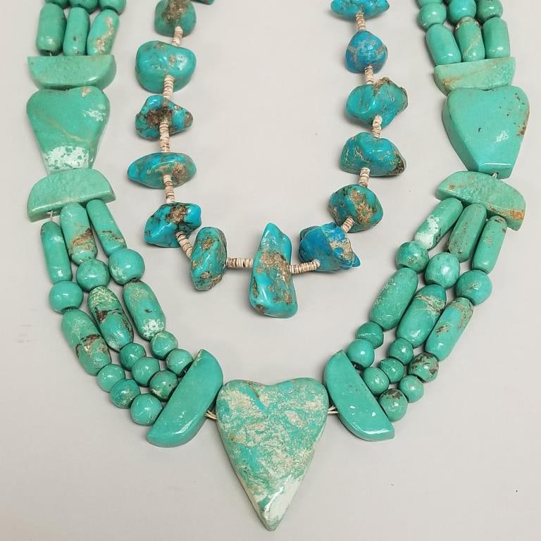 2 turquoise beaded necklaces: carved heart motif (approx. 30"L) & 27"L nugget style- 1 1/2" largest: 2 turquoise beaded necklaces: carved heart motif (approx. 30"L) & 27"L nugget style- 1 1/2" largest nugget