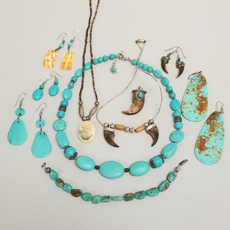 Group turquoise, claw, Southwest silver, etc. jewelry incl necklaces & earrings- 3 3/4" longest (1 of 14)