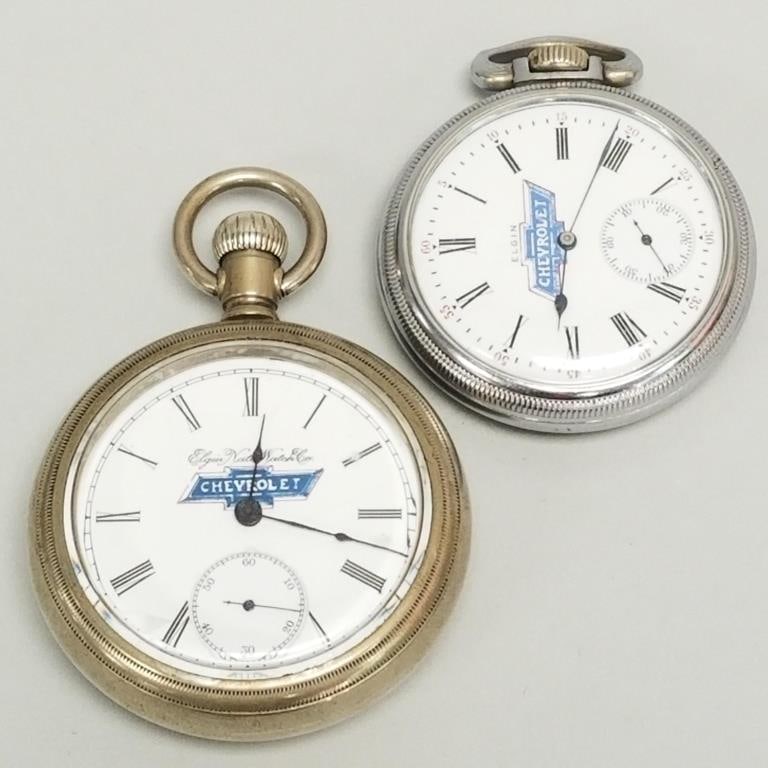2 Elgin Chevrolet advertising pocket watches- currently running (larger has face chip) (1 of 16)