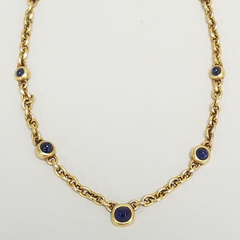 14K gold Tiffany style gold necklace set with blue cabochon stones- 22.7g, 15"L (unmarked- tested: 14K gold Tiffany style gold necklace set with blue cabochon stones- 22.7g, 15"L (unmarked- tested 14K)