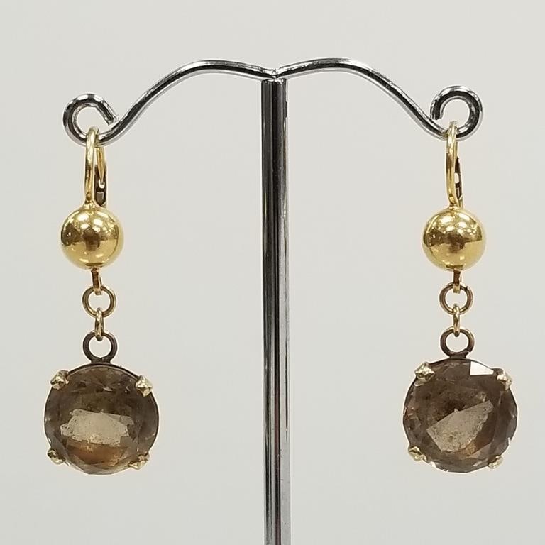Pair of 18k gold drop earrings set with large smoky quartz- 8.1 grams total, 1 1/2" long (1 of 8)
