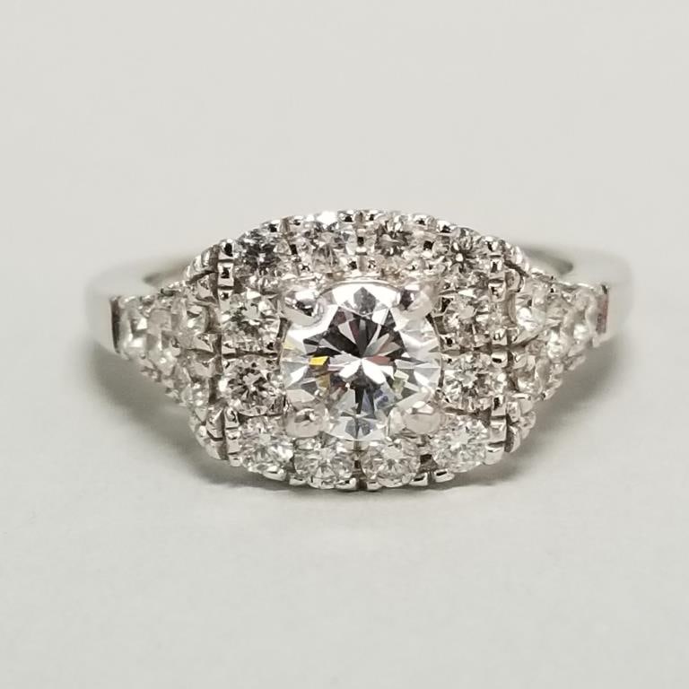14k white gold ring s/w .66 natural diamond solitaire & side diamonds with maker's mark TJ- 6.8g, sz (1 of 9)