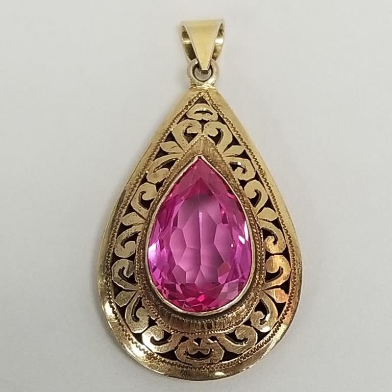 14k gold & large synthetic pink sapphire pendant: Mogul style- 18.2g, 2 1/4" total length, approx (1 of 9)