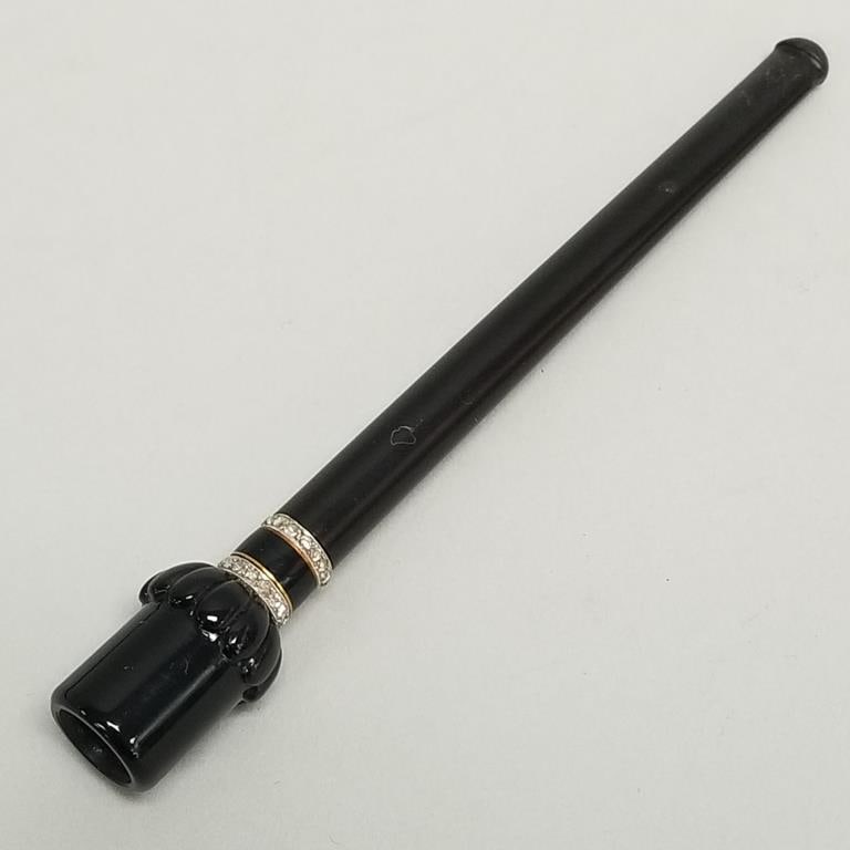 Dunhill, unsigned, cigarette holder with diamond accented black stone bowl in Dunhill leather fitted (1 of 14)