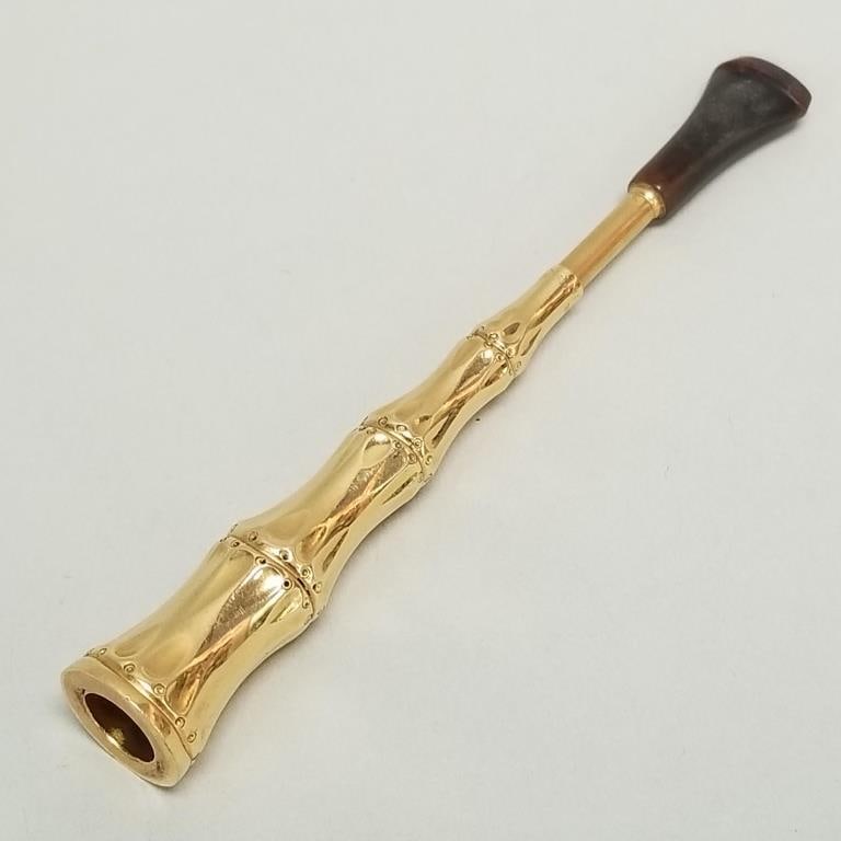 18K gold G & C France ejector cigarette holder- bamboo motif- 16.6g total including mouthpiece- 4"L (1 of 12)