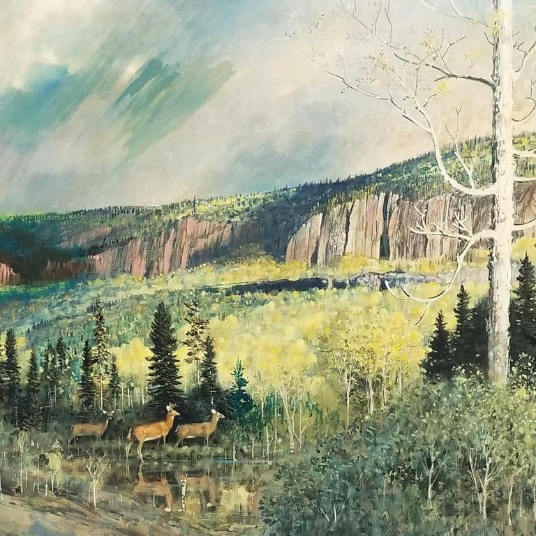 Wm Medcalf- Brown & Bigelow artist- signed oil painting on board- Palisades with deer- 30"H 40"W (1 of 11)