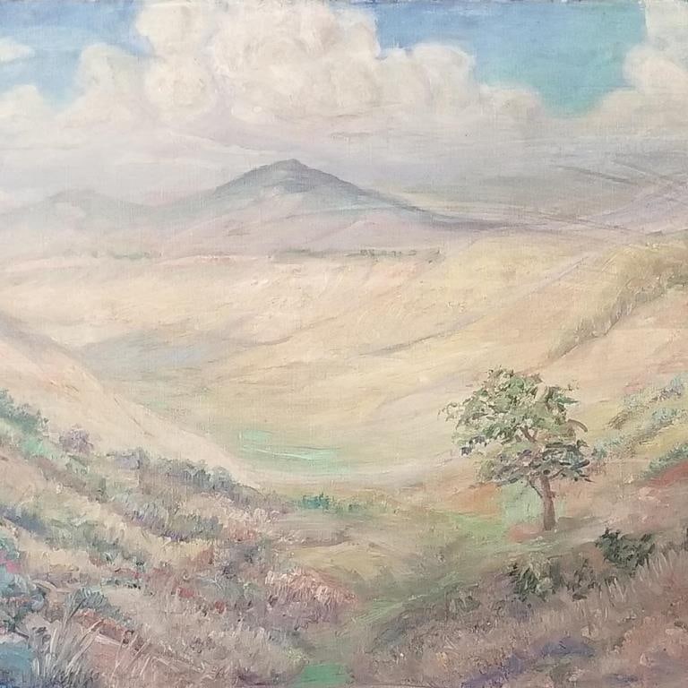 J.E. McBurney (James) signed oil painting on canvas "Late Summer- Western Nevada" (needs cleaning): J.E. McBurney (James) signed oil painting on canvas "Late Summer- Western Nevada" (needs cleaning) 18"H 24"W