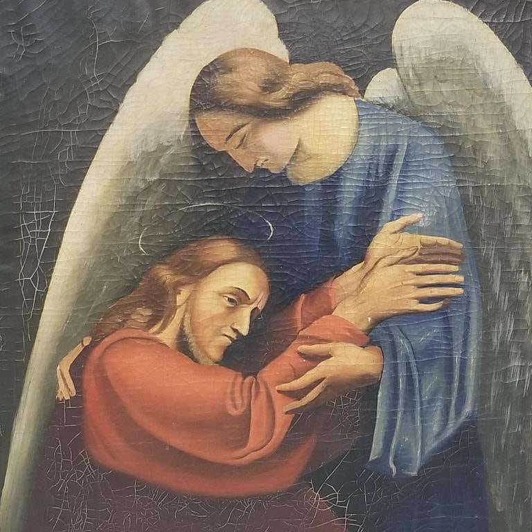 Antique religious oil painting on canvas- Angel comforting Jesus (some as seen- craquelure, paint: Antique religious oil painting on canvas- Angel comforting Jesus (some as seen- craquelure, paint loss) 30 3/4"H 24 3/4"W framed O.D.