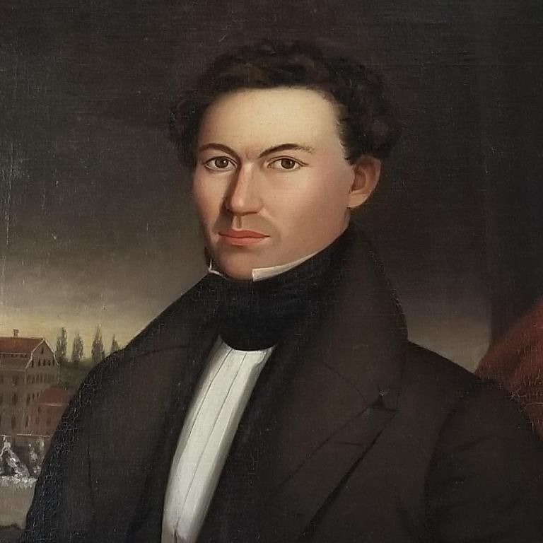 Antique portrait oil painting on canvas- gentleman with building in background in antique frame- (1 of 11)