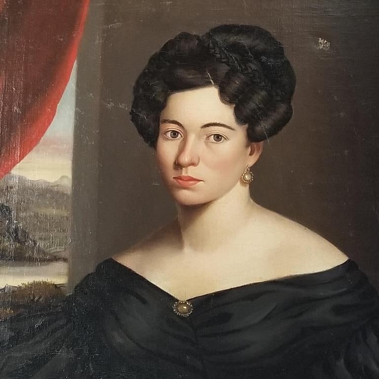 Antique portrait oil painting on canvas- lady in antique frame (as is- hole to canvas) 33"H 28"W: Antique portrait oil painting on canvas- lady in antique frame (as is- hole to canvas) 33"H 28"W O.D.
