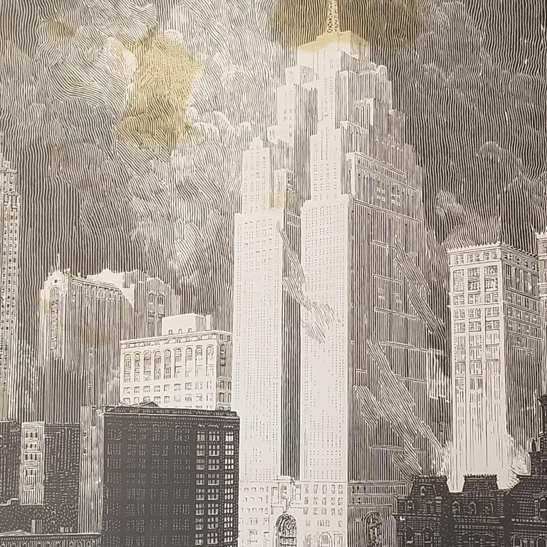 Unframed black & white etching- New York City- with initials in print RFA (as seen- staining; laid: Unframed black & white etching- New York City- with initials in print RFA (as seen- staining; laid down) 26 3/4"H 19 1/4"W O.D.