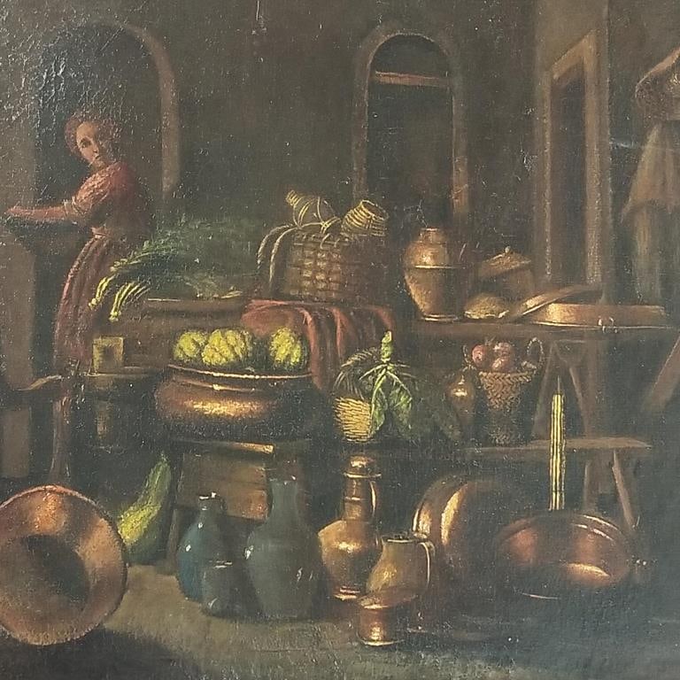 Continental oil painting on canvas interior scene- 24 1/2"H 30 3/4"W framed O.D. (1 of 9)