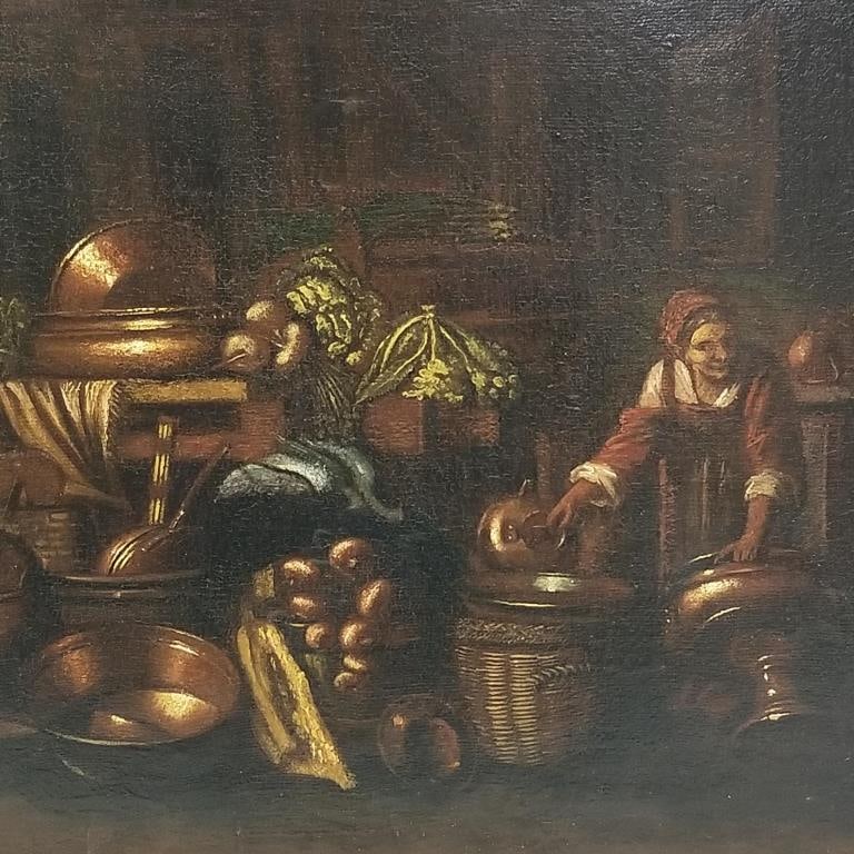 Continental oil painting on canvas interior scene- 24 1/2"H 30 3/4"W framed O.D. (1 of 9)
