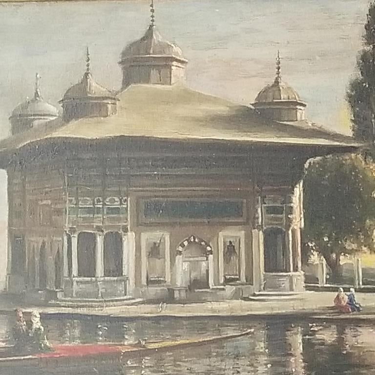 Telemarque Eksergian signed oil painting on board dated 1891 "The Fountain of Sultan" 15"H 19"W: Telemarque Eksergian signed oil painting on board dated 1891 "The Fountain of Sultan" 15"H 19"W framed O.D.