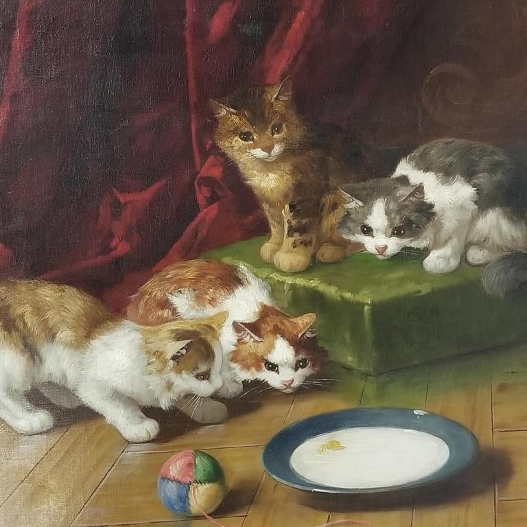 Brunel Neauville signed oil painting on canvas- kittens (minor restoration) 25 1/2"H 30"H framed (1 of 9)