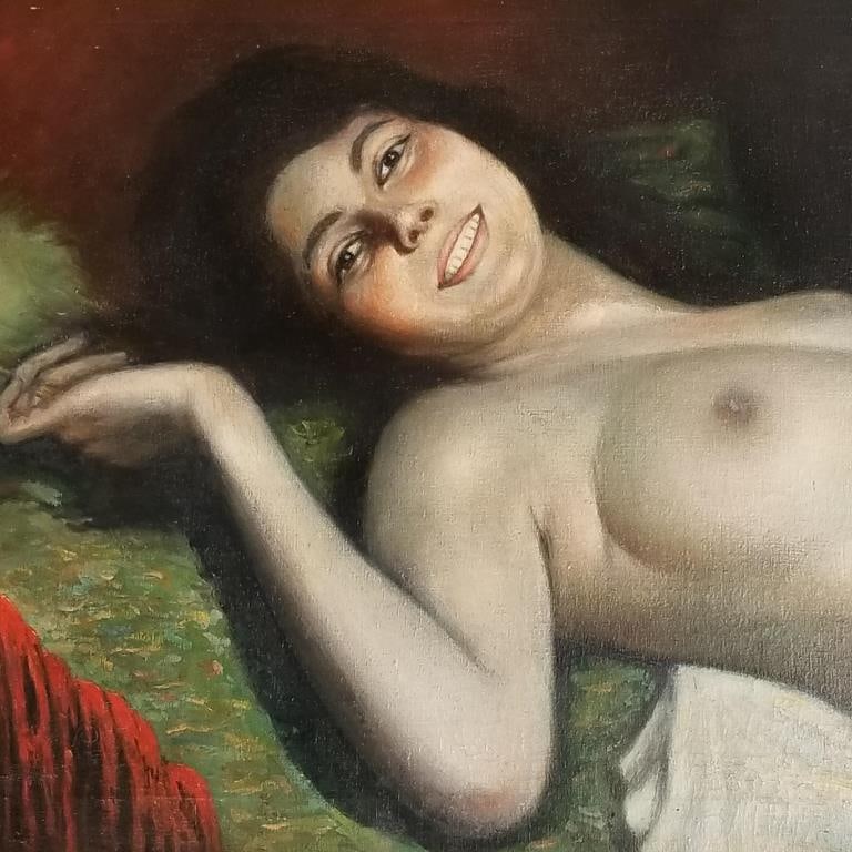M. Ehlinger signed oil painting on canvas- female nude (some inpainting ?) 30 1/2"H 41 3/4"W framed: M. Ehlinger signed oil painting on canvas- female nude (some inpainting ?) 30 1/2"H 41 3/4"W framed O.D.