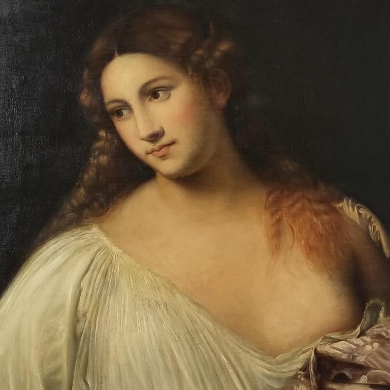 Antique oil painting on canvas copy of "Flora" in antique frame (relined) 38 1/4"H 32 1/4"W O.D. (1 of 10)