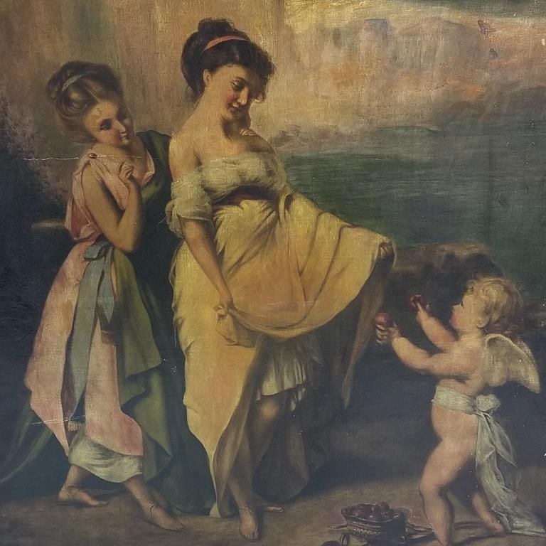 Antique reproduction of a painting- print on canvas- women with cherub (as seen- some painted touch: Antique reproduction of a painting- print on canvas- women with cherub (as seen- some painted touch ups, etc.) 45"H 35"W framed O.D.